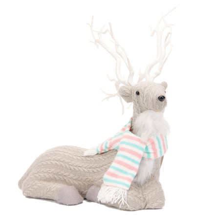 Reclining Cream Reindeer with Striped Scarf ITEM 0325035