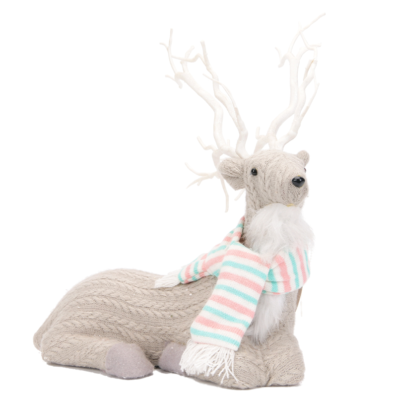 Reclining Cream Reindeer with Striped Scarf